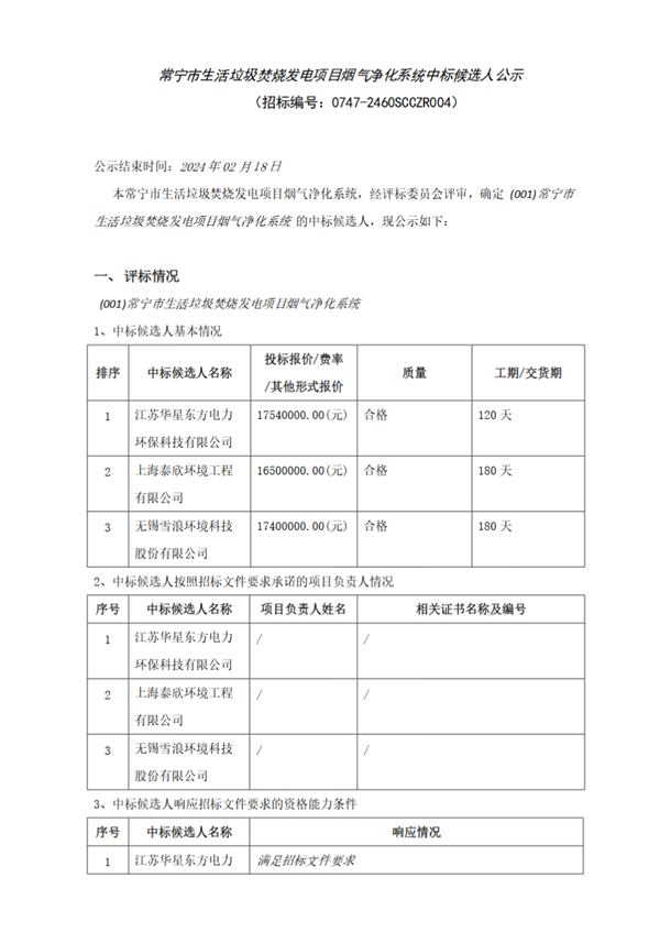 常宁市生活垃圾焚烧发电项目烟气净化系统中标候选人公示